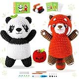 Crochet Kit for Beginners - 2PCS White and Red Panda Crochet Animal Kit with Step-by-Step Video Tutorials, Apple Crocheting Kit, Crochet Starter Kit for Kids and Adults, Beginners Knitting Kit