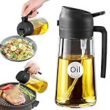 YARRAMATE 16oz/470ml Glass Olive Oil Sprayer for Cooking with Stickers, 2 in 1 Oil Dispenser for Kitchen Gadgets, Food Grade Premium Spray Bottle with Portion Control for Salad, Frying, BBQ (Black)