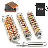 Braize 3-Piece Stainless Steel Kabob Basket Set with Removable Handle, Sponge, & Storage Bag — Large Skewer-Free Grilling Baskets