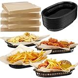 Ninehaoou 16 Pack Black Fast Food Baskets and 160 Deli Liners 10.6 x 7.1 Inch Baskets with Disposable Deli Paper Squares (12'') for Easy Cleanup Burgers Fries Party Barbecue(Classic)