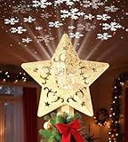 Christmas Tree Star Topper, Built-in Led 360° Rotating Snowflake Projector Pentagram Plug in Christmas Tree Ornament for Indoor Office Xmas New Year Holiday Tree Decor (Golden)