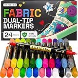 ARTISTRO 24 Dual-Tip Fabric Markers - Fabric Decorating Kit - Permanent for Clothes - Acrylic Paint Pens for Sneakers, Bags, Shoes, Textile, Canvas, Sewing, Craft, DIY - Brush and Fine Tip