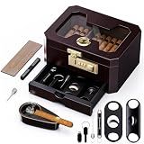 Cigar Humidor, Cedar Wood Desktop Humidor Cigar Box with Combination Lock, Glass Top Storage with Hygrometer & Humidifier, Accessory Drawer and Divider, Complete Cigar Accessories, Cigar Gifts for Men