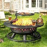 Panovue 36 Inch Fire Pit with Grill,Wood Burning Fire Pits for Outside with Lid& Fire Poker,Round Metal Firepit Table 3 in 1 with Cooking Grate,Outdoor Firepits for Yard Patio Bonfire Camping(Black)