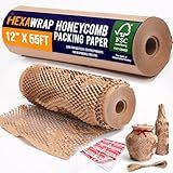 Honeycomb Packing Paper 12" x 55ft with Rope & 20 Fragile Stickers|Shipping & Moving Supplies|Small Business Packaging Supplies|Eco Friendly Bubble Wrap Packing Boxes for Moving Certified FSC C204227