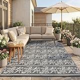 Garvee Outdoor Rugs 5x8 Waterproof Reversible Mat Boho Leaf Patio Rug with 4 Stakes and Starage Bag, Large Outdoor RV Mat Rugs for Camping, Picnic, Balcony, Deck, Backyard, Grey & White