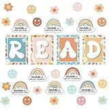 Reading Classroom Decorations Reading Corner Bulletin Board Set Decor Groovy Retro Rainbow Flower Smile Cutouts for Kindergarten Elementary and Middle School Classroom Chalkboard Decor