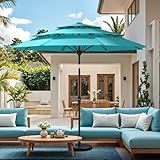 Sannwsg 9 ft Patio Umbrellas, 3 tiers Outdoor Umbrella with Fiberglass Ribs, Table Umbrellas with Push Button Tilt/Crank, Market Umbrella, Porch Umbrela for Backyard, Deck, Garden, Pool