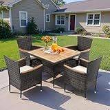 Wisteria Lane 5-Pieces Patio Dining Sets, Rattan Outdoor Table and Chairs with Acacia Wood Tabletop, Metal Patio Dining Furniture for 4 with Removable Cushions for Deck Garden Backyard, Grey