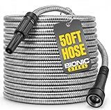 BIONIC STEEL 50 Ft Metal Garden Hose with Sprayer Nozzle, Non Kinking Designed Stainless Steel Heavy Duty Water Hose 50Ft x 5/8 in. Ultra Flexible NON Expandable for Uninterrupted Water Flow, 500 PSI