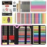 80pcs Drawing Kit Sketching Set Art Sketch Supplies Coloring pencils Kit 48 Colored pencil,14 Graphit, 6 Charcoal, 50 Page 3-Color sketckbook coloring book Portable Case ect. Beginners Artists Adults