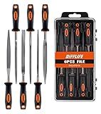 DIFFLIFE 7'' Needle File Set - Carbon Steel 6-Piece With Handles, Hardened Alloy Strength Steel - Includes Flat, Flat Warding, Square, Triangular, Round, and Half-Round Files