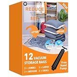 12 Pack Vacuum Storage Bags (3 Jumbo, 3 Large, 3 Medium, 3 Small),Plastic Packaging Bags,Space Saver Sealer Compression Bags with Travel Hand Pump for Blankets, Comforters, Pillows, Clothes Storage