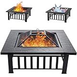 EcoNook 32 inch Fire Pit, Square Outdoor Fire Pit Table with Spark Screen & Fire Poker, 3-in-1 Multipurpose Firepits for Outside, Fireplace for Yard, Garden, Patio