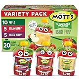 Mott's No Sugar Added Applesauce Variety Pack, 3 Flavors – Apple, Strawberry & Mixed Berry, Made from Real Fruit, No Artificial Flavors, 3.2 oz Clear Pouches, 20 Pack