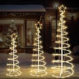 3 Packs Christmas Spiral Tree with Lights, 3/4/5 FT Lighted Xmas Collapsible Tree with Metal Stakes for Indoor & Outdoor, Yard, Porch, Garden Holiday Decor (Warm White, 3-4-5 FT)
