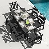 SUUNYN HDPE Outdoor Patio Dining Set with Table & 6 Chairs, All-Weather 7-Piece Outdoor Table and Chairs, 2" Umbrella Hole, Patio Furniture for Garden, Backyard, Deck | Matte Black