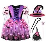Spooktacular Creations Girls Light Up Witch Costume, Kids Witch Costume with Hat and Broom for Toddler Halloween Dress Up Parties (Toddler (3-4yr))