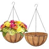 LCHUANG Hanging Baskets Planter for Plants - 2 Pack 12 Inch Metal Baskets with Coco Coir Liner, Hanging Flower Pots for Outside with Chain, Indoor Outdoor Garden Porch Decoration (12'' Pack of 2)