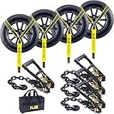 KJE 4 Pack Reflective Car Tie Down Straps for Trailers - Tire Ratchet Strap with Chain Anchors - 2" x 10' 10,000LBS Break Strength - Lasso Style Wheel Straps for Hauling UTV, SUV, Truck, Any Cars