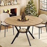 MECHYIN Round Dining Table for 4, 42 Inch Farmhouse Kitchen Table with Storage, Rustic Wooden Circle Dinner Pedestal Table with Metal Legs, Space Saving Kitchen & Dining Room Furniture, Natural Wood