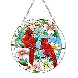 ANFURI Cardinal Stained Glass Suncatcher, 6 inch Real Glass Window Hanging with Hook & Chain, Gift-Boxed Red Bird Decor for Mother's Day and Christmas