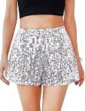 MANER Women's Sequin Shorts Sparkly Stretchy Night Out Party High Waisted Shorts (S/US 4-6, Silver Grey)