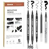 ZSCM 5 Pack Black Acrylic Ink Pens for Drawing, Fine Point Black Gel Pens, Brush Tip Markers，Dual-Tip Opaque Acrylic Markers for Highlighting Drawing, Sketching, Illustration, Card Making