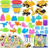 FHOZGECY Beach Sand Toys, 4 Construction Vehicles, 4 Collapsible Buckets, Sand Castle Molds with Travel Mesh Bags, Sandbox Play Set for Kids Ages 3-12, Multi‑Scene Play for Outdoor Summer Beach Games