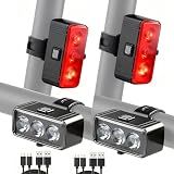 Bike Light Kit, LED Bicycle Light Set - 2 Bike Headlights & 2 Taillights, IPX4 Waterproof Rechargeable Bike Lights, 5 Modes Front/7 Modes Rear Night Cycling Lights for Safety,Kids Men Women Bike