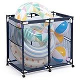 ALIMORDEN Pool Storage Bin, Rolling Mesh Basket Organizer, Metal Frame Container Holder for Swimming Balls, Floats, Toys and Beach Towels, Blue