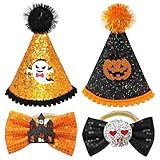 PET SHOW 4pcs Halloween Small Dogs Hats and Bowties Sets Orange Black Ghost Holiday Cat Party Hat with Bow Ties Puppies Kittens Grooming Accessories Costumes (Halloween)