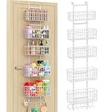 Adjustable Over The Door Organizer, Metal Hanging Door Organizer with 5 Wire Basket 7 Hooks, Wall Mounted Shelf for Pantry Closet Organization and Storage, White