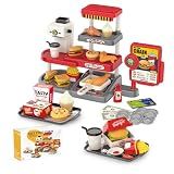 Pretend Play Fast Food Store Toy with Realistic Coffee Machine Card Reader Food Shop Playset with Simulate Hamburger Chips Sandwich etc Play Money Checkout Game for Kids