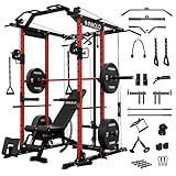Mikolo K6 Power Cage, Power Rack with Cable Crossover System, Home Gym Packages with Weight Bench, Olympic Barbell, 230b Rubber Weight Set-Red