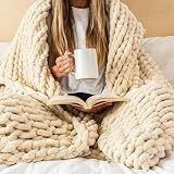 SAMIAH LUXE Chunky Knit Throw Blanket 50x70, Buttercream Cream Chenille Throw Blanket for Couch Bed Sofa, Soft Fluffy Cable Knit Blanket, Oeko-TEX Certified, Machine Washable