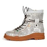 TMA EYES Leather Metallic Combat Boot Side Zipper Women's Ankle Booties (White,6.5)