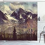 Ambesonne Alaska Mountains Shower Curtain, Arctic Landscape Hiking Alaska Mountains Scenery in USA Wilderness, Cloth Fabric Bathroom Decor Set with Hooks, 69" W x 70" L, Green Black White