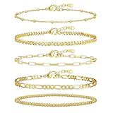 adoyi Gold Bracelets for Women, 14K Gold Plated Stackable Bracelet Stack Set Adjustable Charm Paperclip Chain Cuban Link Layered Waterproof Jewelry Sets Gifts for Womens 6.8 Inch