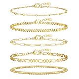 adoyi Gold Bracelets for Women, 14K Gold Plated Stackable Bracelet Stack Set Adjustable Charm Paperclip Chain Cuban Link Layered Waterproof Jewelry Sets Gifts for Womens 6.8 Inch