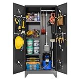 71" Metal Garage Tools Storage Cabinet with Doors and Shelves, Broom Tool Storage Filing Cabinets with Lock, Black Cleaning Supplies Organization Cabinet with Hanging Rod