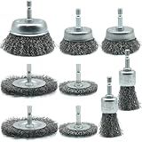 TEXNINC 9 Pcs Wire Brush Set for Drill, Coarse Carbon Steel Crimping Wire Wheel Brush with 1/4" Hex Shank for Aggressive Rust Removal, Paint Stripping & Surface Abrasion