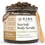 Bare Botanics Coconut Coffee Body Scrub 24oz | Made in Madison, WI | All Natural Sea Salt Exfoliator w/ Skin Loving Moisturizers | Vegan & Cruelty Free | Gift Ready Packaging w/ a Cute Wooden Spoon
