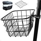 Mkuero Bike Basket with Cargo Net and Cover, Scooter Basket with Fixed Holder, Metal Electric Bicycle Basket for Jetson Electric Bicycle, Scooter, Knee Scooter and Electric Bicycle, Small, Black
