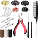 Hair Extension Tools Kit, 600 Silicone Lined Micro Rings, 1 Plier, 2 Hook Needle Pulling Loop, 10 Curved Hair Needle, 4 Metal Hair Clips, 1 Comb, 3 Sewing Threads, 200 Mini Rubber Bands