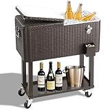 Outvita 80 Quart Rolling Ice Chest, Portable Bar Drink Cooler with Catch Basin, Bottom Storage Tray and Bottle Opener for Patio Party BBQ Beach Activities (Rattan)