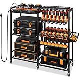 TC-HOMENY Power Tool Organizer Cart with Charging Power Strip, 28 Drill Tool Garage large Storage Racks with Wheels, Heavy Duty Tools Organizer Station, Festive Gifts for Men Dads