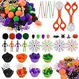 Unvola 174Pcs Halloween Sensory Bin Filler Fine Motor Toys Horror Sensory Bin Items 100 Pompoms 8 Acrylic Pumkins 8 Witch Hats 8 Spiders 8 Bats 8 Skeleton Men 8 Skull 8 Spider Web 4 Foam Pumkins