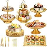 Audab Gold Dessert Table Display Set, Including Cake Stand, Cupcake Stand, Serving trays, Platters, Cake Cutting Set and Serving Tongs for Vintage Wedding Decor, Party Food Decorations