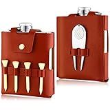 Remerry Golf Flask Gift Set 7 oz Stainless Steel Flask with Leather Case Golf Accessories for Men and Women Includes Drinking Bottle Divot Tool Ball Marker and 4 ball Tees (Brown)